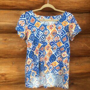 Foil Blue/Orange Abstract Geometric High Low Lightweight V-neck Top Size Medium